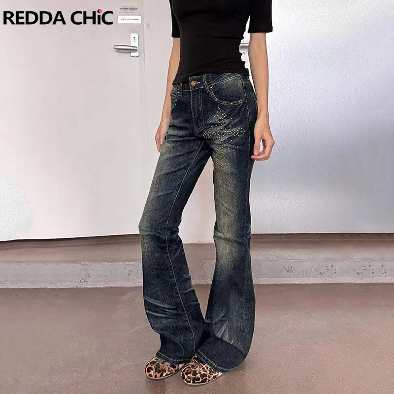 ReddaChic Cross Rhinestone Tight Jeans Women Grunge Distressed Eyelets Stretch High Waist Denim Bootcut Pants Punk Streetwear