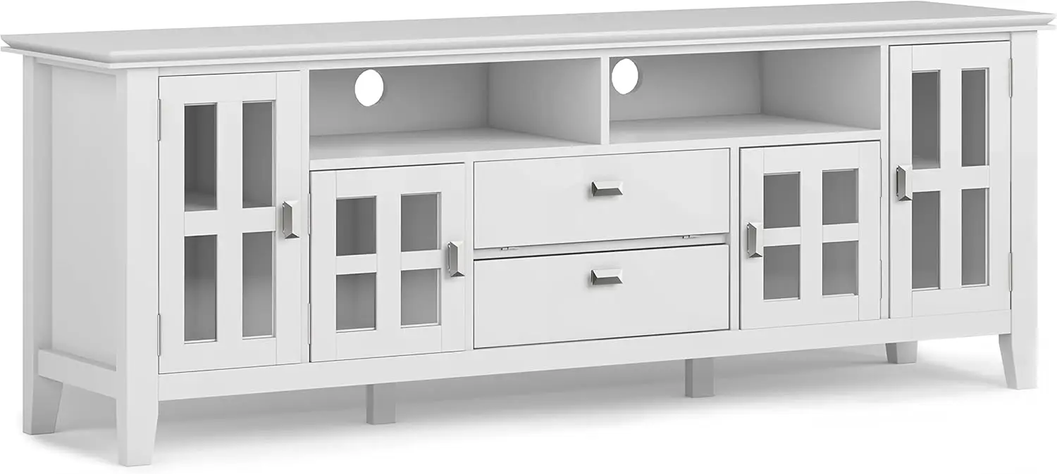 SOLID WOOD 72 Inch Wide Contemporary TV Media Stand in White for TVs Up To 80 Inches for The Living Room