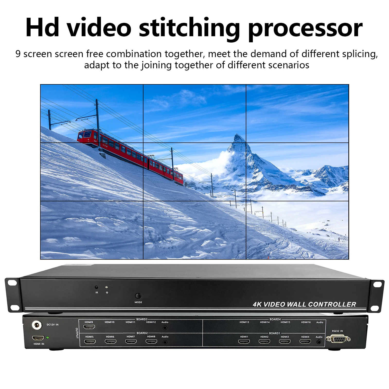 

3x3 HDMI Video Wall Controller HD Processor MultiScreen Stitching 1920x1080P60Hz 1 In 9 Out TV Splicing Box Splicer 180° Flip