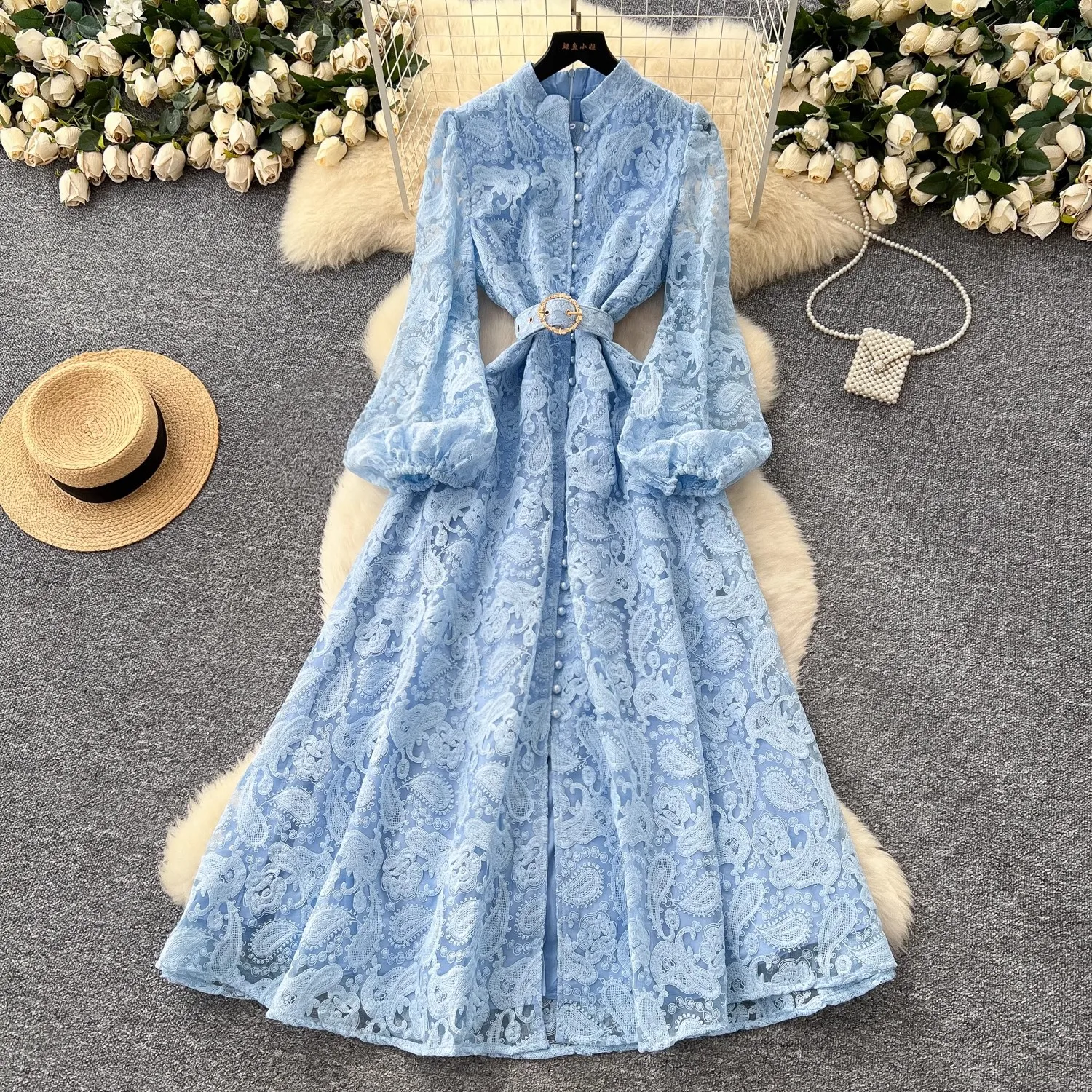 

Embroidery Hollow Out Lace Prom Party Dress Women Stand Long Lantern Sleeve High Waist Single Breasted Belt Maxi Dress Female