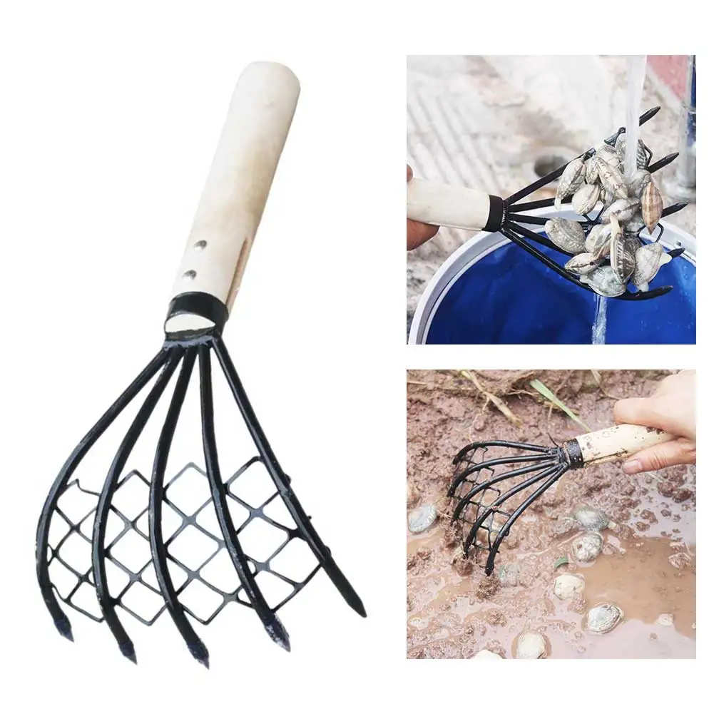 Useful Garden Wood Handle Accessories With Net 5 Claw Tool Home Shell Pitchfork Beach Conch Dig Seafood Clam Rake