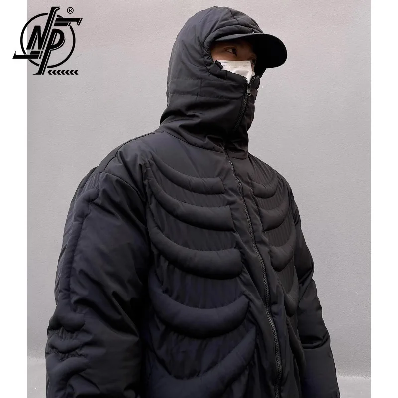 

Winter Retro Convex Skeleton Parkas Jacket Men Women Thick Warm Cotton Padded Hooded Coats Harajuku High Collar Outwear