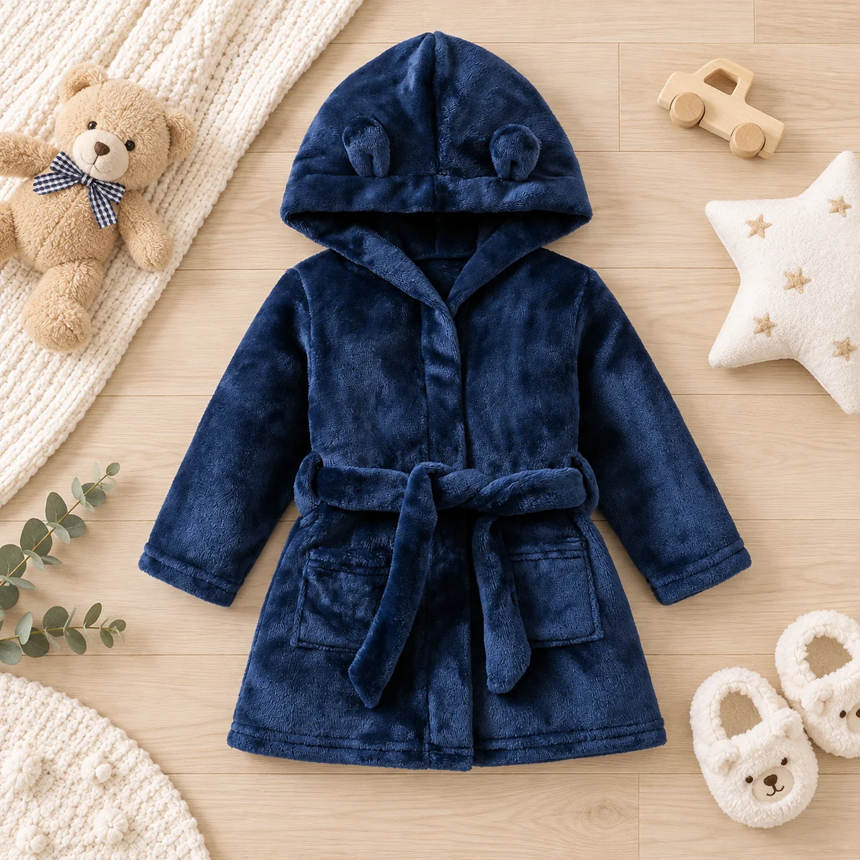 Kids Boys Bear Ear Hooded Fleece Bathrobe Navy Blue Soft Plush Sleep Robe Toddler Warm Belted Home Loungewear