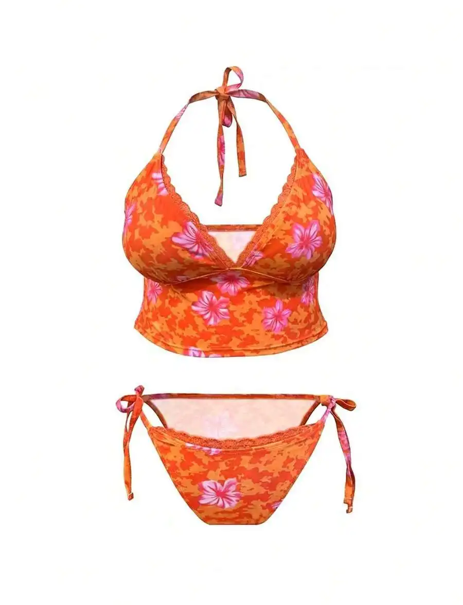 

Plus Size Women Orange Floral Print Lace Trim Tie Front Bikini Set For Beach Summer