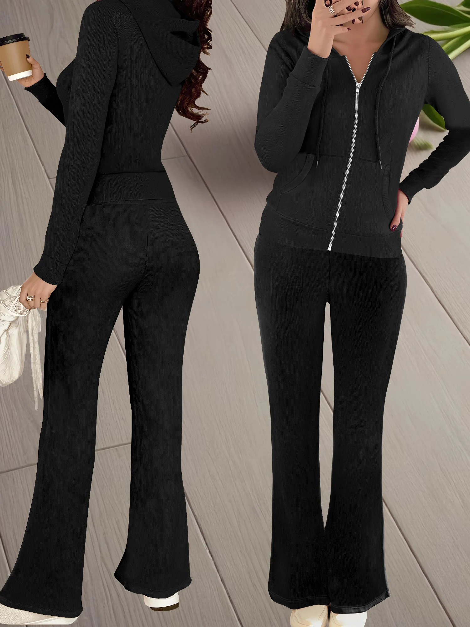 

Casual Hooded Zipper Knit Set Solid Long Sleeve Top High Waist Micro Flare Pants Women Outdoor Daily Leisure Wear