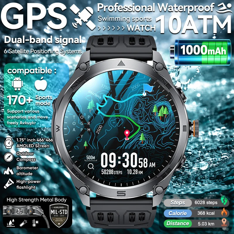

Новые смарт-часы 2026 GPS Pro Military с защитой от воды 10ATM, встроенным двухдиапазонным AGPS, компасом, альтиметром, 170+ спортивными режимами, аккумулятором 1000 мАч, совместимые с iOS