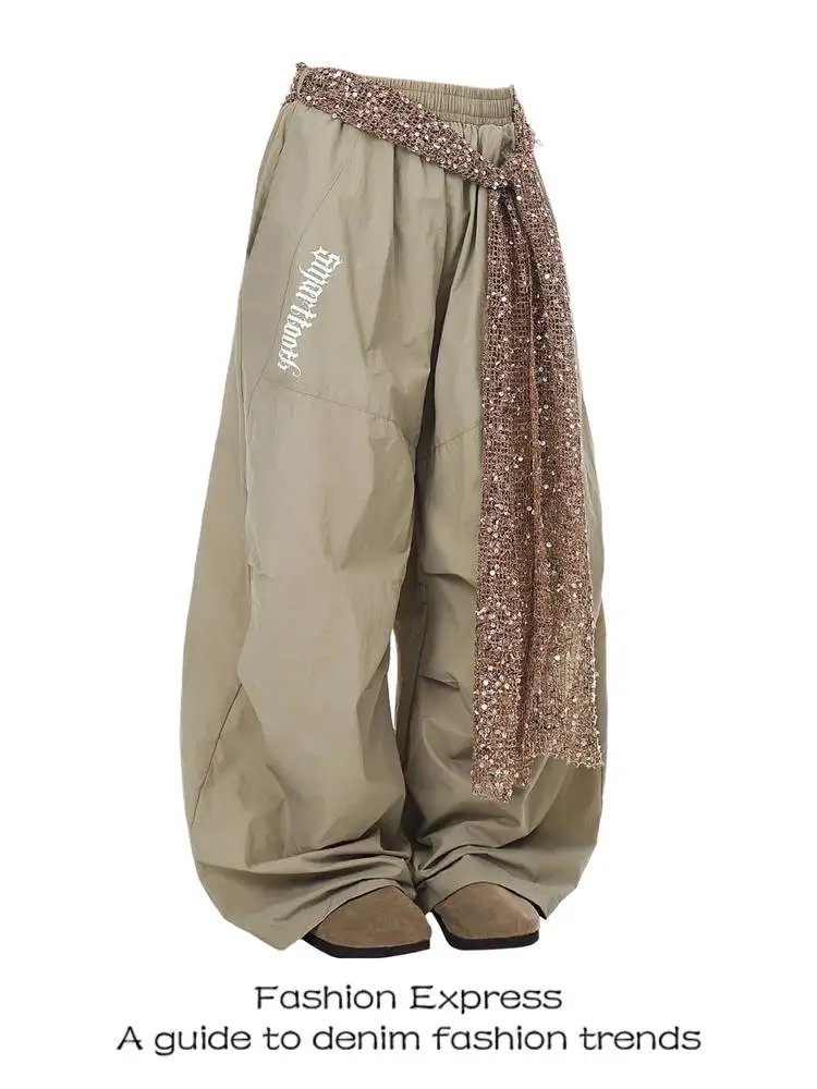 

Retro Men's And Women's Casual Pants with iny Belted Waist Loose Wide Leg Design Folded Hemming Small ence Trousers