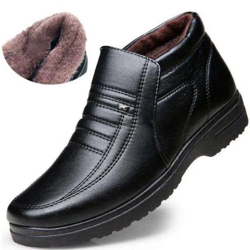 Zapatos de cuero informales impermeables para hombre, Zapatillas altas sin cordones de franela, zapatos cálidos de goma para invierno