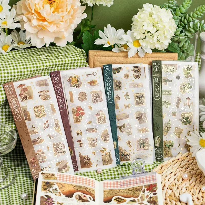 8 fogli di forniture decorative adesivi albero farfalla oro scrapbooking pianta fungo illustrazione fresca materiale abbronzante 21 * 8 cm