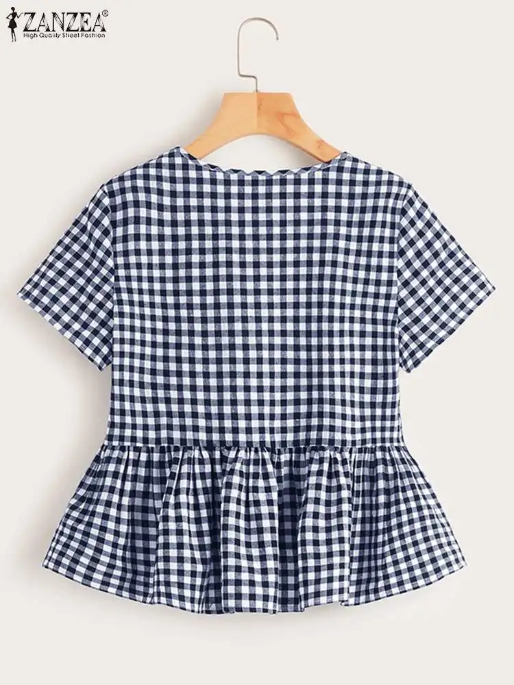 ZANZEA Women Elegant V Neck Gingham Blouses 2024 Summer Casual Short Sleeve Checked Blusas Mujer Vintage Ruffled Hem Smock Tops