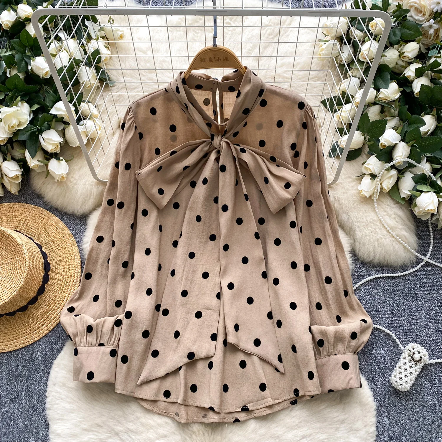 

Vintage Blouse butterfly Polka dot long sleeve Slim Elegant Fashion Sexy Women Shirt women clothing