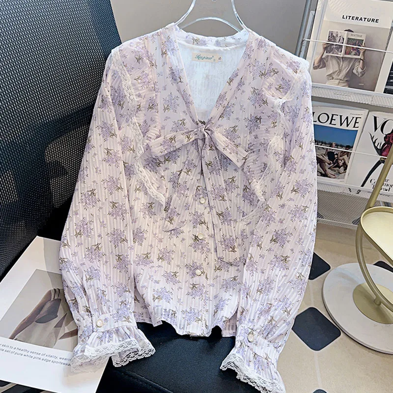 

Женская блузка-рубашка, новая рубашка с длинным рукавом и воротником-бабочкой с принтом и оборками, блузка, женские топы, блузки, рубашки Blusas Para Mujer 2025 Q602