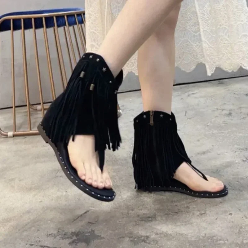 

Luxury Studded Sandals Fashion Women's Shoes Flip Flops Low Heel Tassel Summer Roman Shoes Corrective Tassel Boots New Style