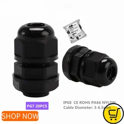 GEYA IP68 Cable Gland PG7 20PCS for 3-6.5mm PG9 PG11 PG13.5 PG16 PG21 Wire Cable Waterproof Nylon Plastic Cable Gland Connector