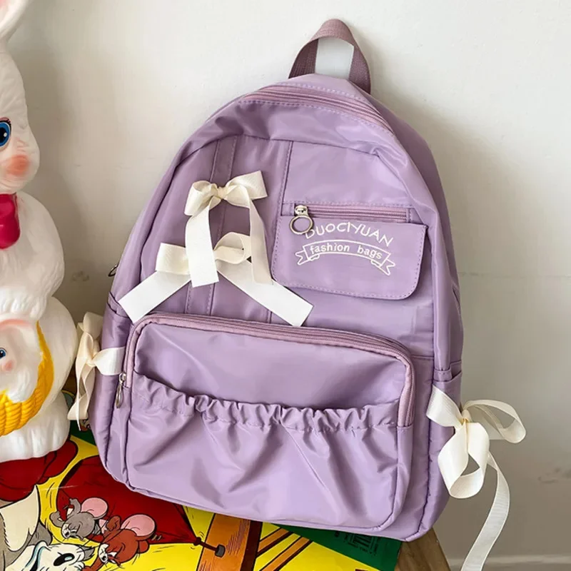 Y2K Bow Oxford Backpacks Korean Waterproof Lightweight Cute Blocking Bag Simple Casual Pleated Student High Capacity Backpacks