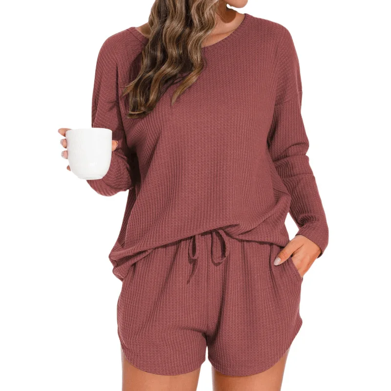 Women's Solid Pajamas Set Long Sleeve Round Neck Top And Shorts Sleepwear 2 Piece Set For Women Casual Homewear Sport Suit