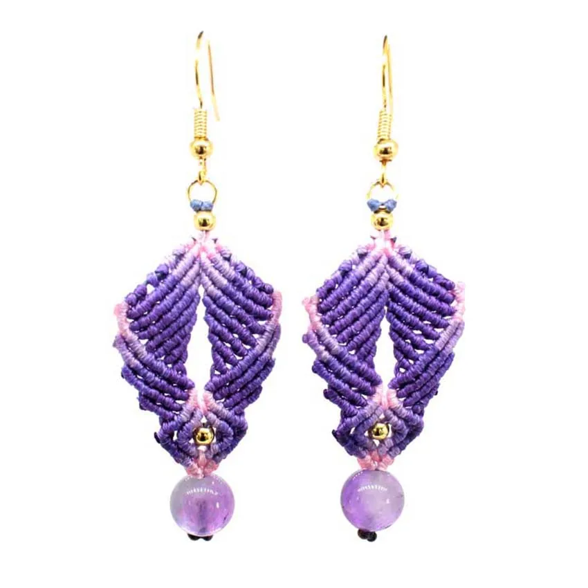 

Natural Amethyst Crystal Quartz Aquamarine Handmade Rope Wrapped Braided Macrame Stone Earrings Jewelry For Women Girls Gifts