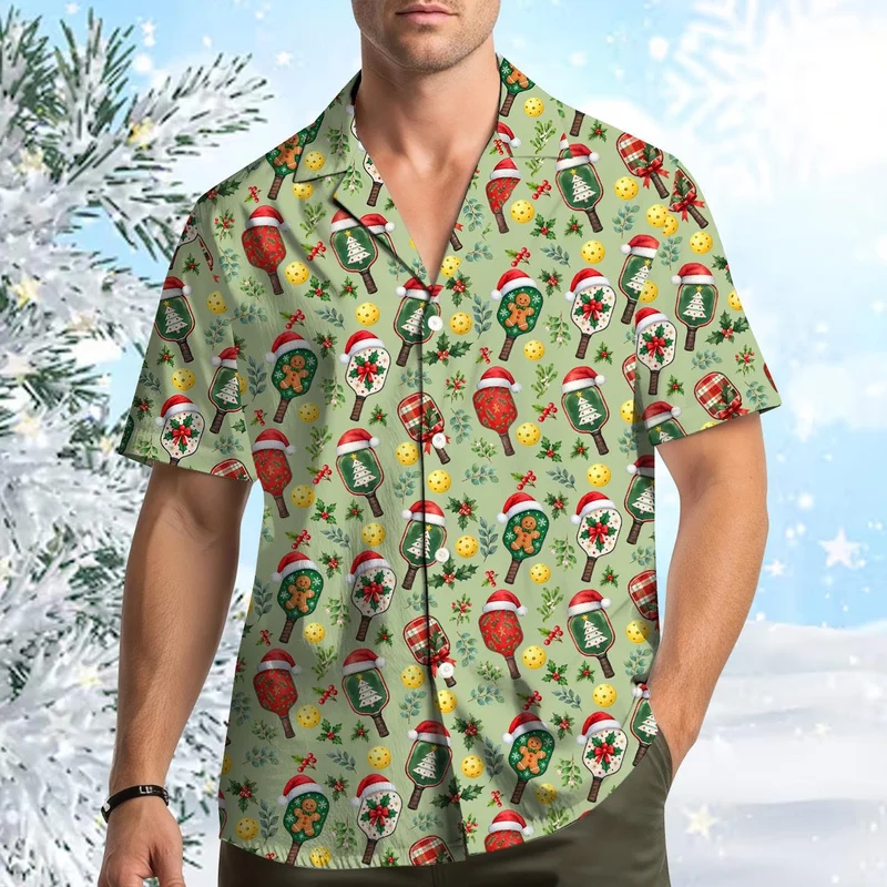 Blouses Golden Bells and Pinecone Hawaiian Shirt White Christmas Holly Snowflake Print Men Short Sleeve Button Up Holiday Shirts