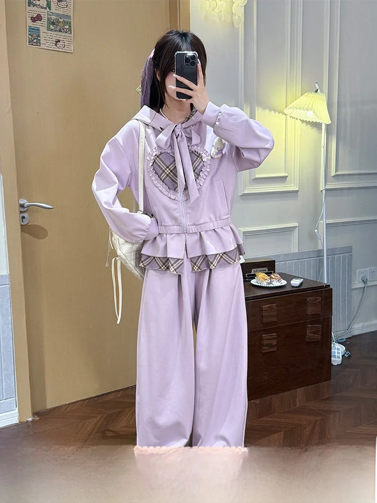

Sweet Style Hoodie Sweatshirt Set Women's Long Pants Autumn Purple Design Fabric Pig Opaque Cloudy Mud Purple Color Block Outfit