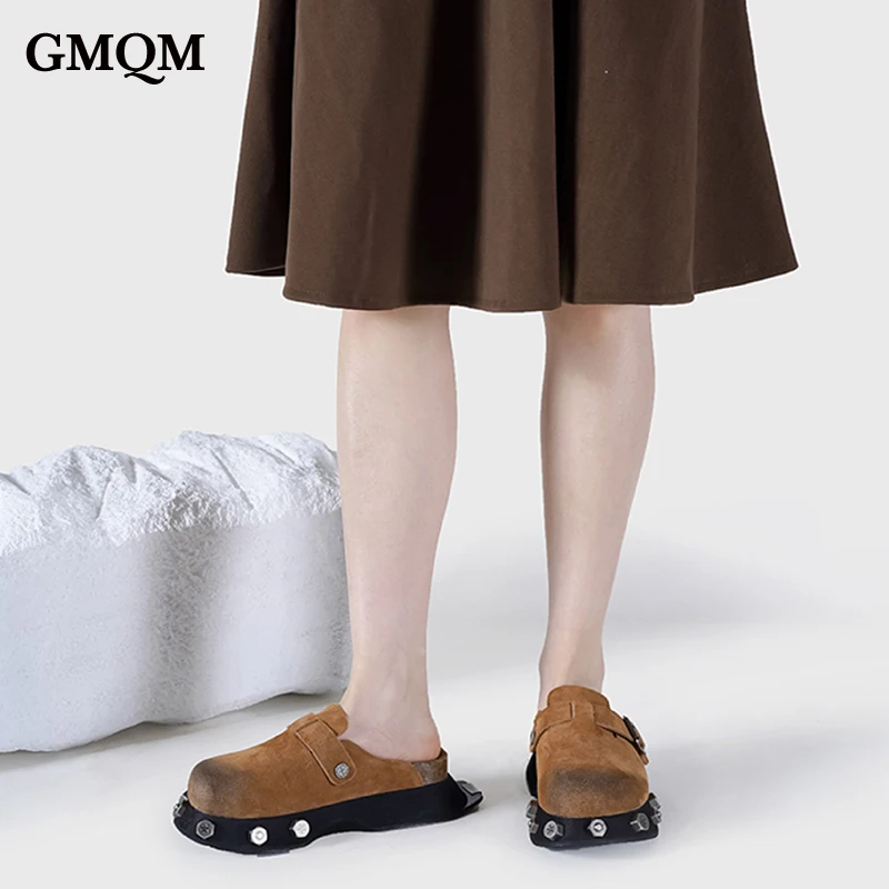 GMQM  Women Slippers Boken slippers2024 New Spring Summer PlatformThick Sole Retro   Genuine Leather Comfortable Shoes