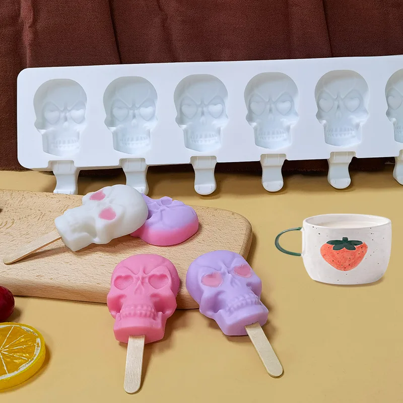 6 Skulls Ice Cream Silicone Mold Homemade Popsicle Ice Cream Mold kitchen Supplies Ice Maker Popsicle Sticks Chocolate Mold