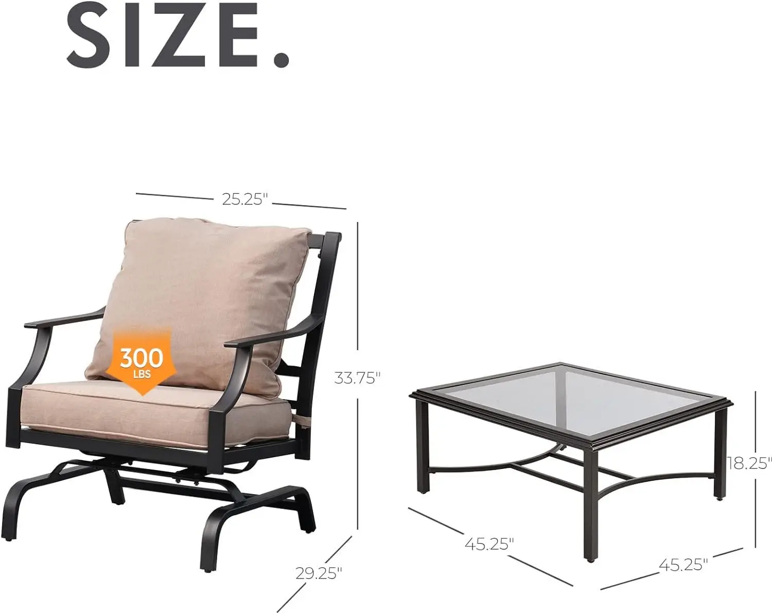 5-Piece Outdoor Motion Conversation Set with Rocking Chairs & Coffee Table, Olefin Beige Cushions for Porch Backyard, Customized