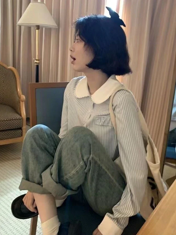 

Crop Designed Shirts Women Sweet Lovely Peter Pan Collar Schoolgirls Simple Striped Vintage All-match Harajuku Y2k Chic Fachion
