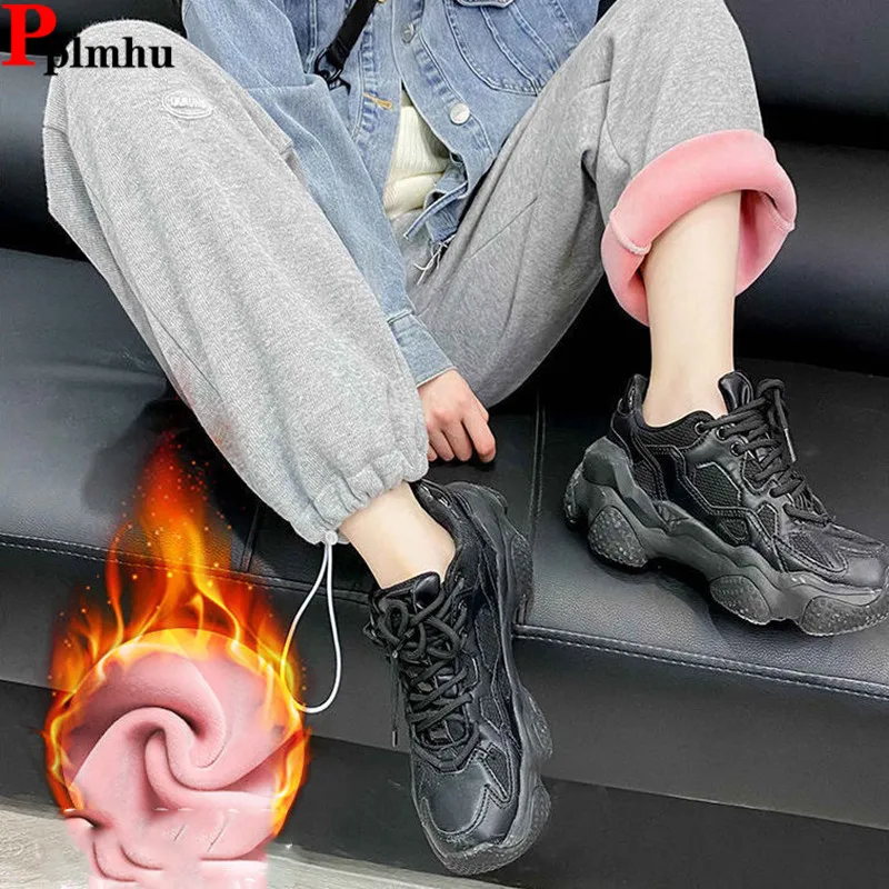 Winter Lace-up High Waist Wide Leg Sweatpants Korean Warm Plush Velvet Lined Pantalones  Casual Baggy Snow Wear Calca New Pants