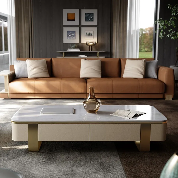 Light luxury natural marble coffee table villa large flat floor rectangular Italian living room modern with drawers