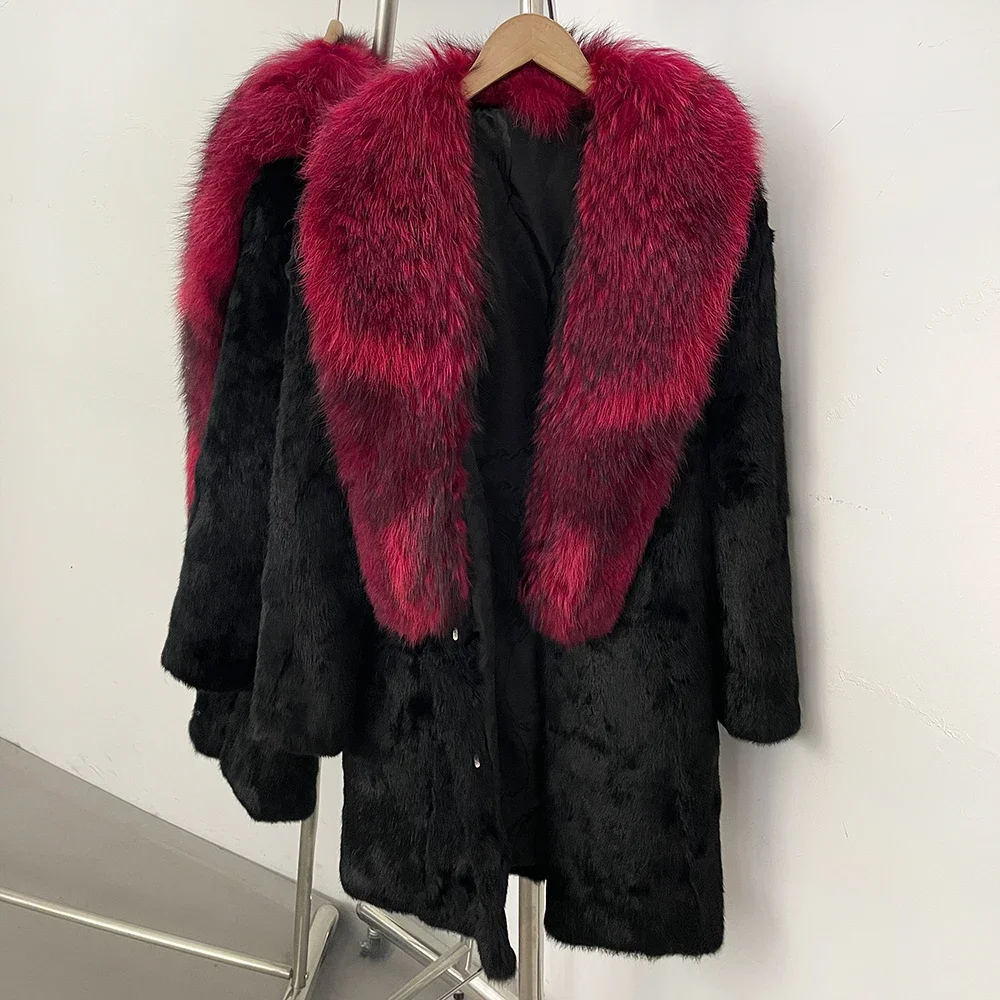OFTBUY Neue Luxuriöse Vollpelz-Winterkleidung Damenjacke Mittellang Echter Kaninchenfellmantel mit Echtfuchsfellkragen – Detail 8