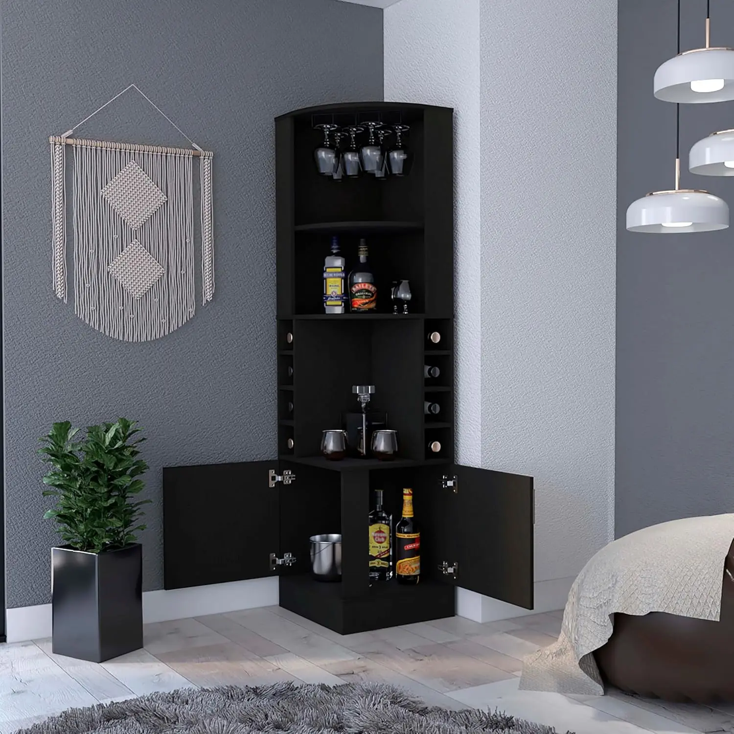 71" Tall Corner Bar Cabinet with Shelves Doors Built-in Wine Rack for Small Space Black, Customized