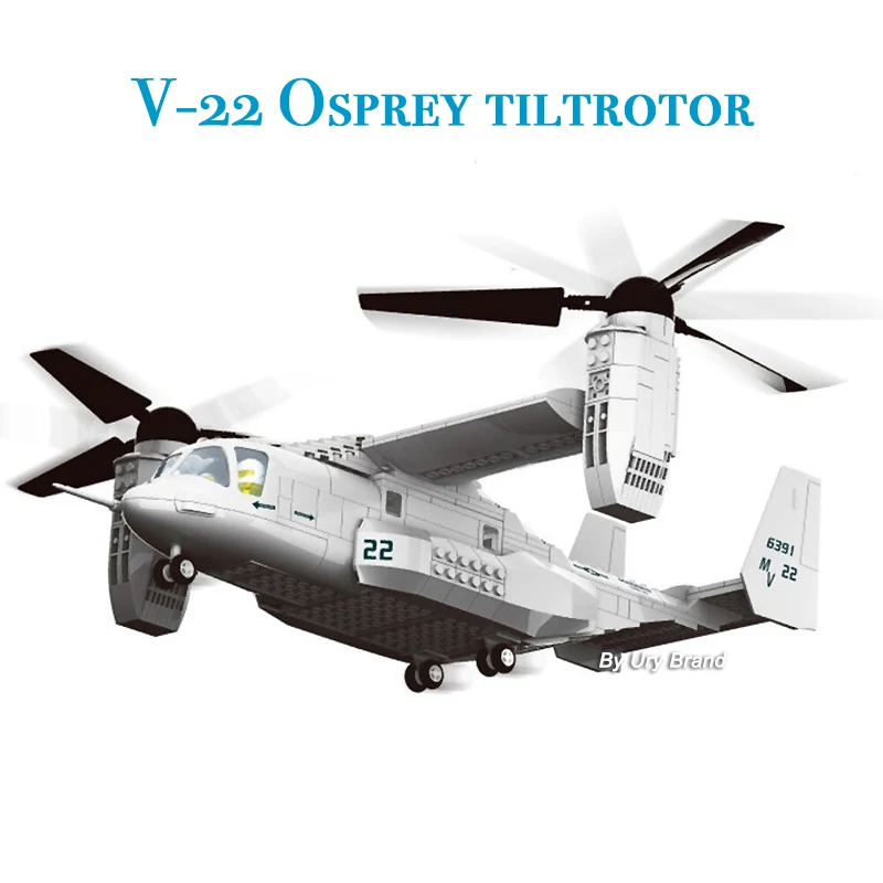 Military Helicopter Plane Army US V-22 Osprey Tiltrotor Transport Aircraft Set DIY 3D Expert Model Building Blocks Toys for Boys