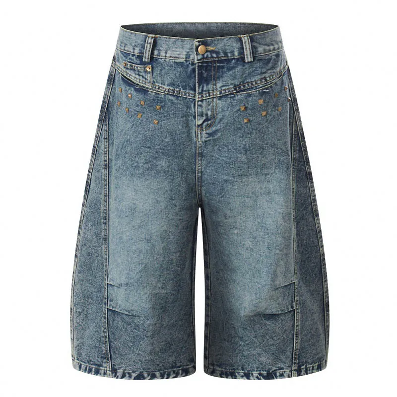 

Винтажные джинсовые шорты в стиле хип-хоп с заклепками, уличная одежда в стиле Харадзюку, свободные джинсовые шорты для мужчин, пэчворк