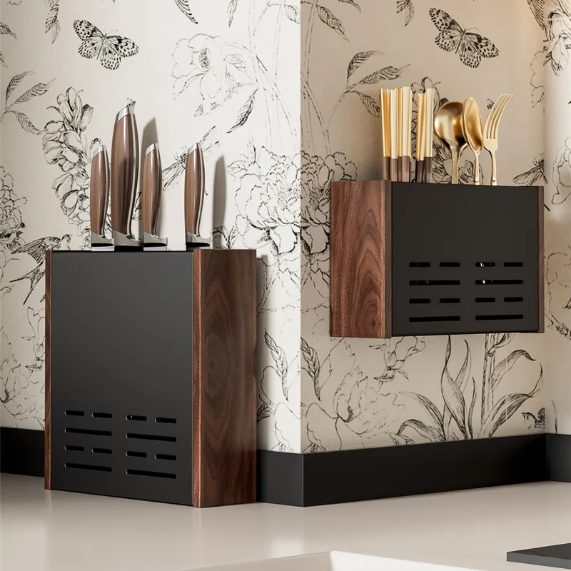 

Vintage Wall-Mounted Knife Holder - Bamboo Cutlery Organizer for Kitchen Knives, Spoons, Utensils with Drain Holes (6-Slot)