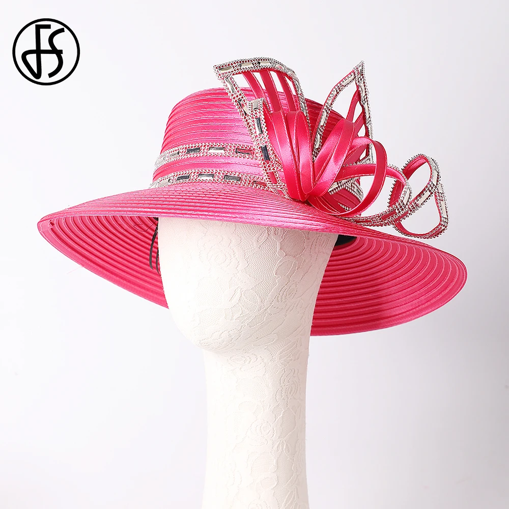 FS Elegant White Wide Brim Top Hats For Women With Bow Wedding Bridal Millinery Formal Occasion Female Church Derby Cap 2024