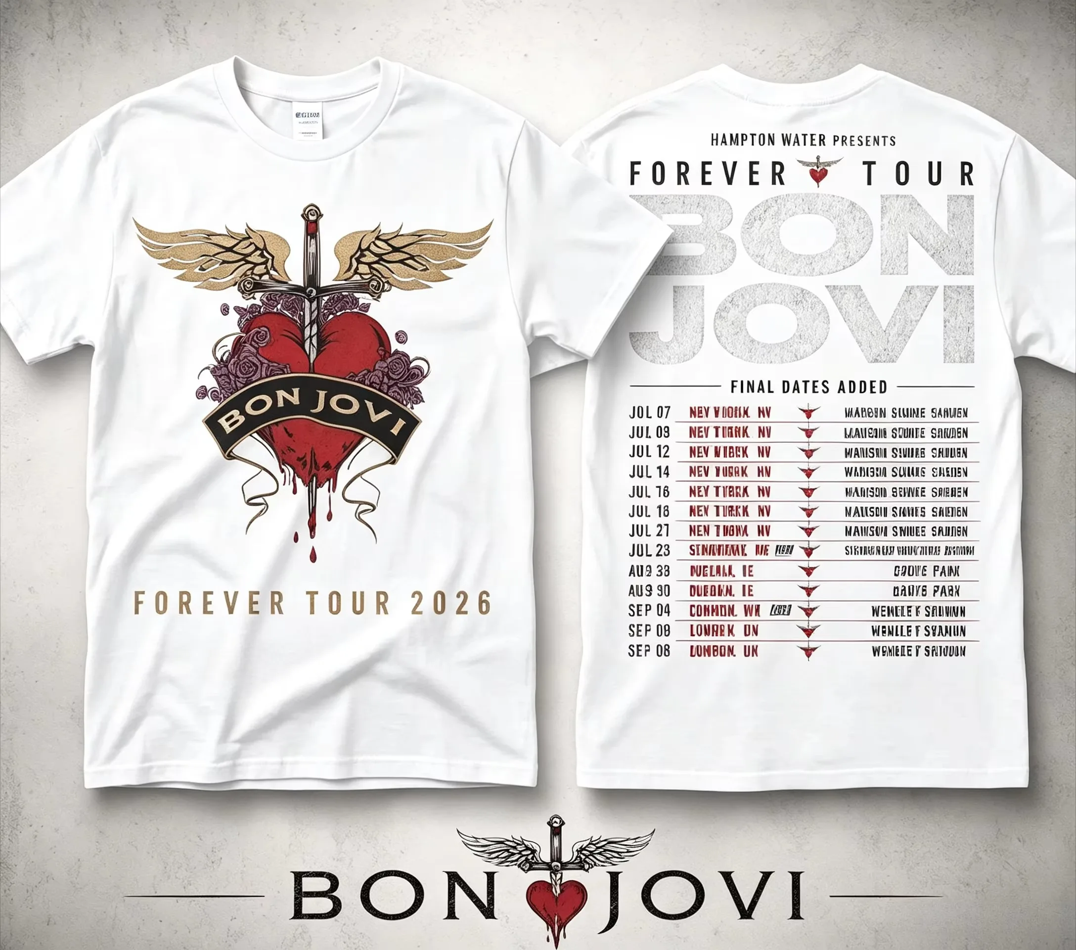 Bon Jovi Forever Tour 2026 T‑Shirt Men Women Double‑Sided Print Heart Sword Wing Graphic Short Sleeve Tee Rock Music Concert Fan