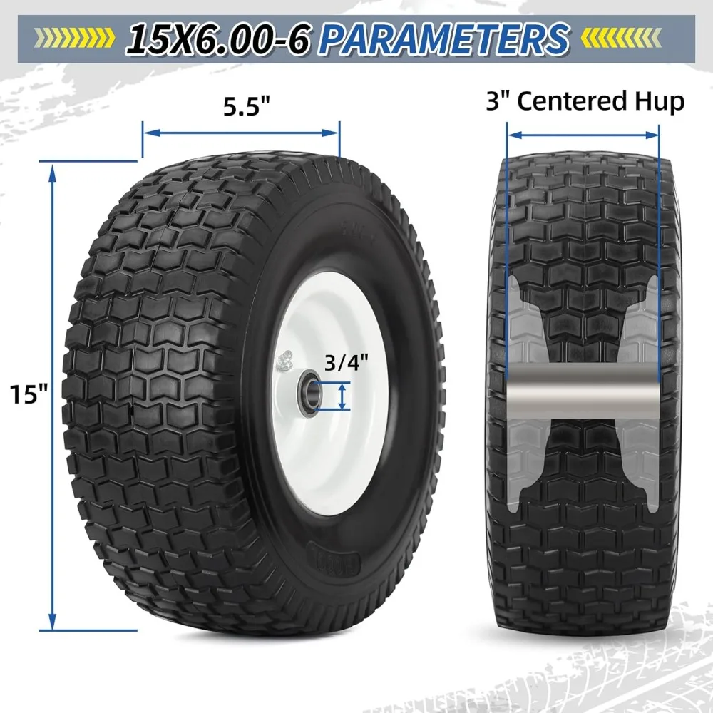 

15x6.00-6 Flat Free Lawn Mower Tire and Wheel, Comes with Tire Saver Ramp, 15x6-6nhs Riding Mowers Lawn Tire and Wheel， 2 Pack