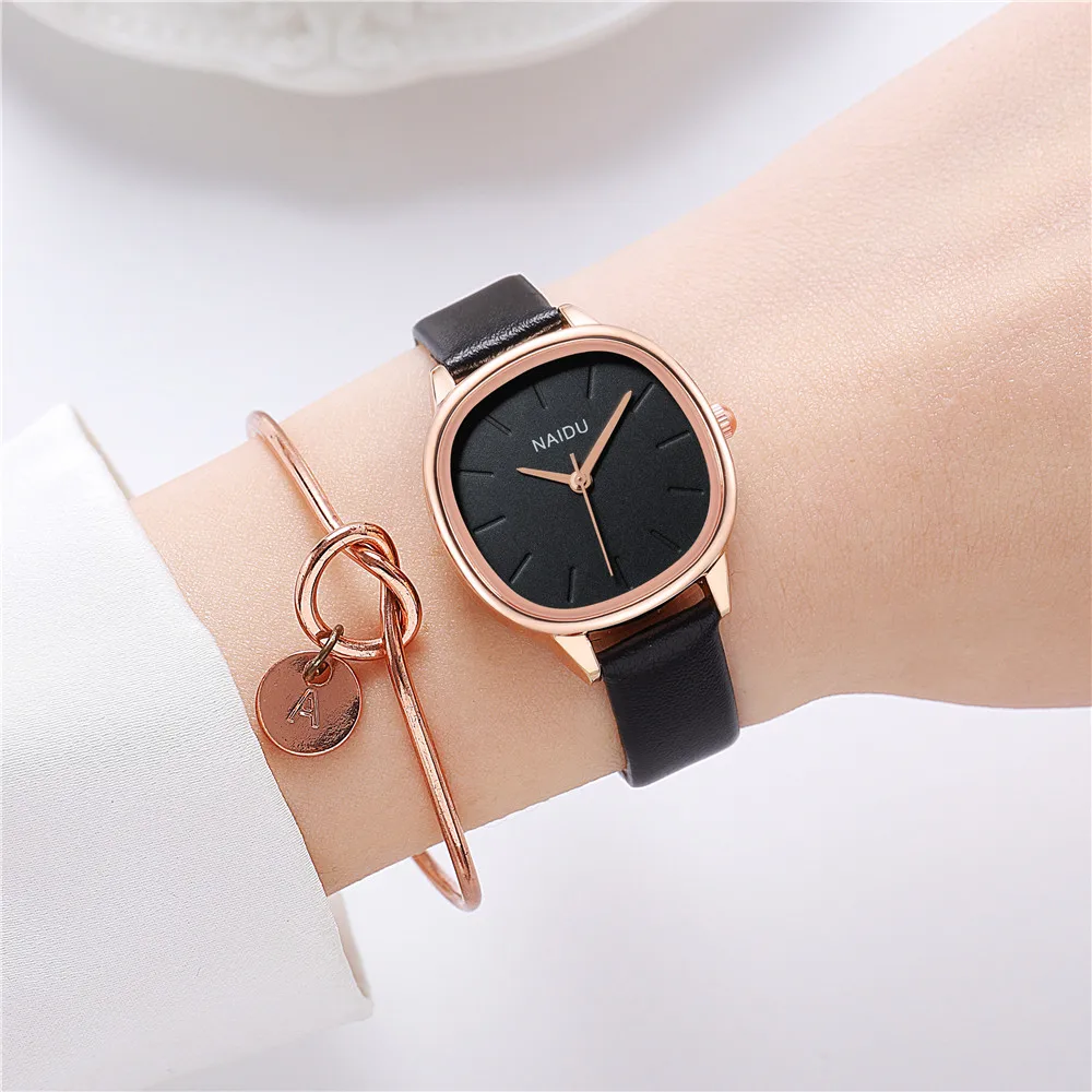 2pcs/set fashion simple PU leather quartz women ladies watch