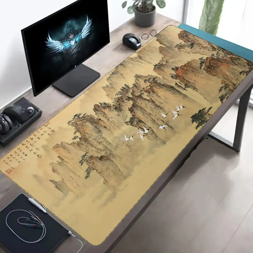 Large XXL Gaming Mouse Pad Desk Mat Keyboard Pad Vintage Chinese Traditional Painting Mountain Non Slip Rubber Extended Desk Mat