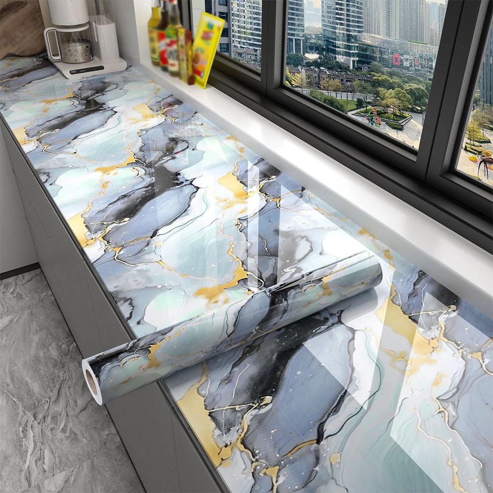 European Style Self Adhesive Wall Sticker Heat Resistant Moisture Proof Wallpaper Marble Pattern for Bedroom Living Room Kitchen