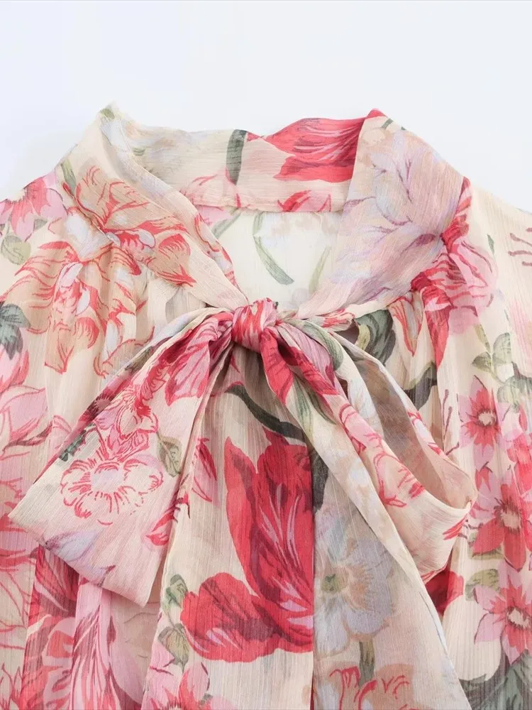 Długa sukienka damska z kwiatowym nadrukiem 2025 Nowa letnia elegancka luźna sukienka midi z dekoltem w kształcie litery O i paskiem Chic Boho Casual Party Dress