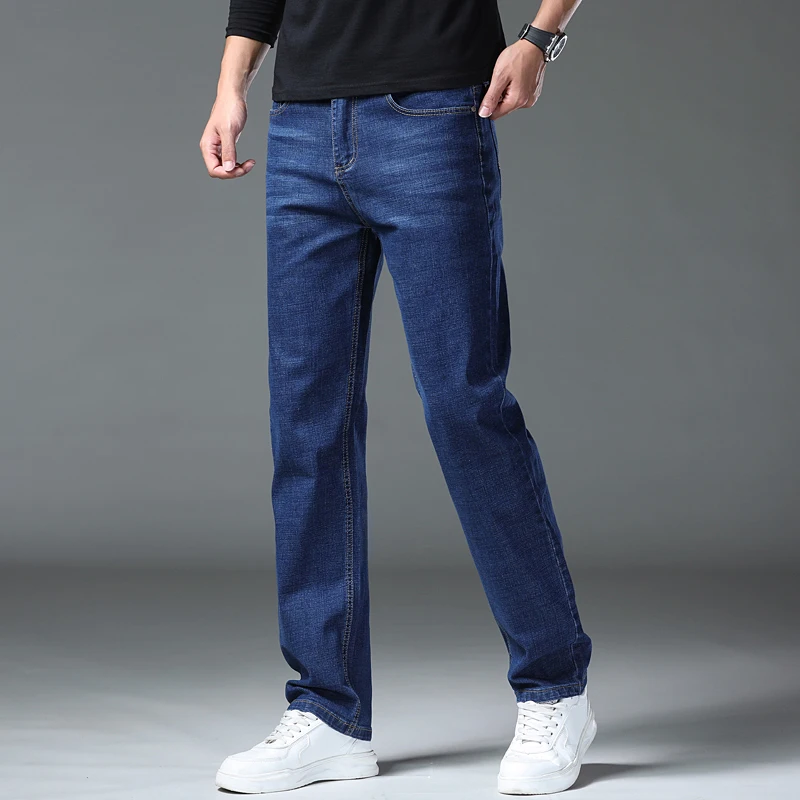 브랜드 의류 가을 겨울 클래식 비즈니스 청바지 남성 두꺼운 데님 바지 스트레이트 작업 캐주얼 바지 남성 플러스 사이즈 28-40