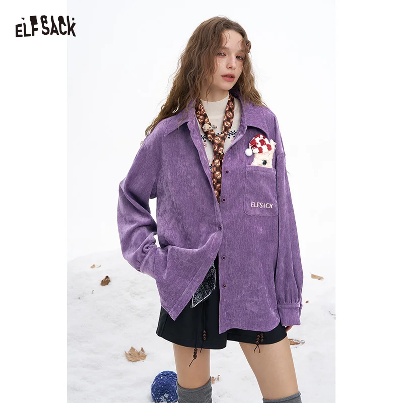 

ELFSACK 2025, зимние новые поступления Y2K, однотонная яркая рубашка с воротником-стойкой и рисунком животных для женщин