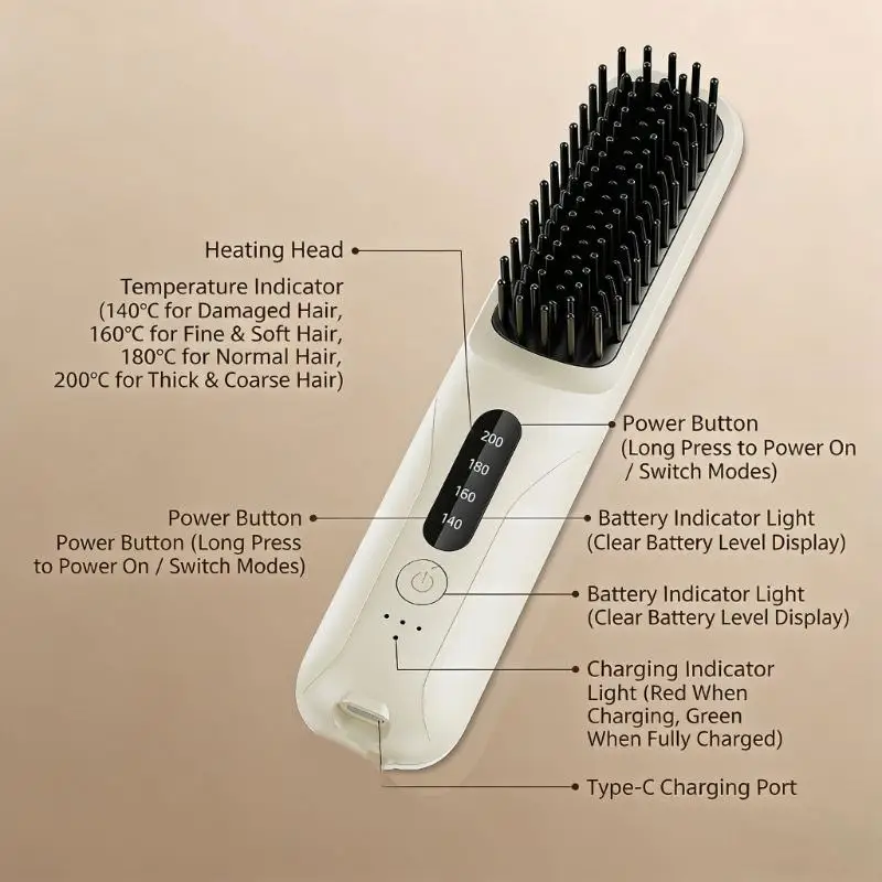 J1HF Professional Grade Hair Straightener Brush Wireless Thin Design For Trips And Domestic Use