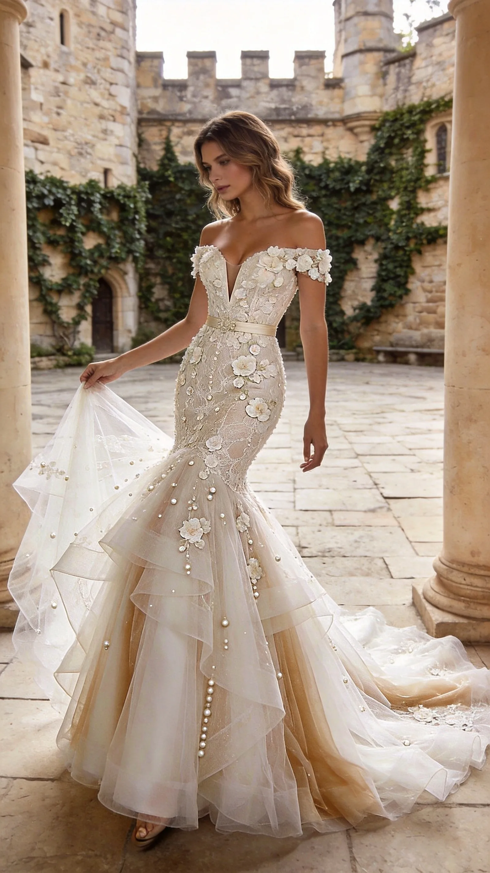 

Customized Luxurious Mermaid Wedding Dress 3D Floral Lace Pearl Tulle Basque V-Waist Off-Shoulders Bridal Gown Vestidos De Novia