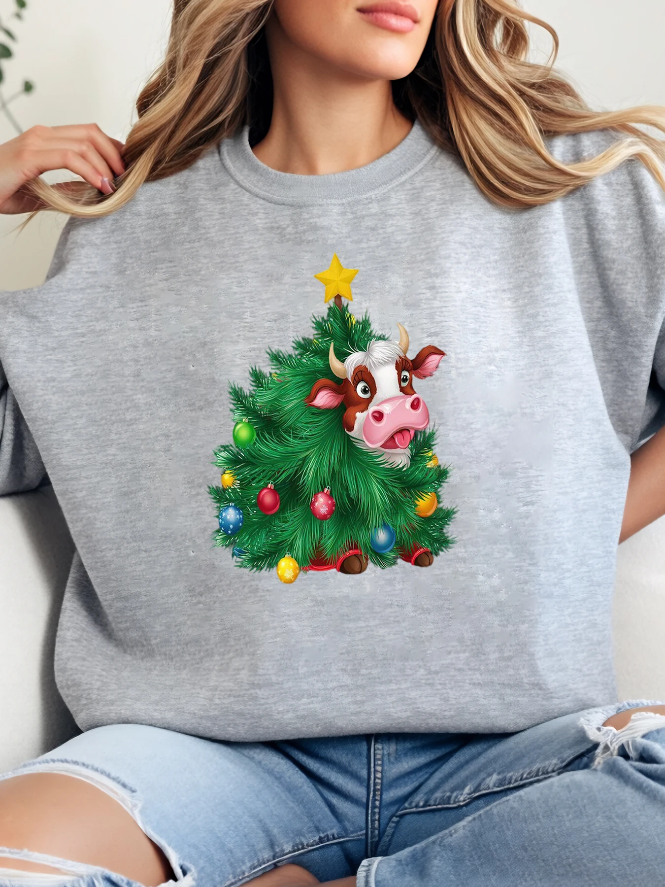 

Рождественская хайлендская корова с принтом кружки, праздничный свитшот, женская повседневная зимняя одежда, серый, больших размеров