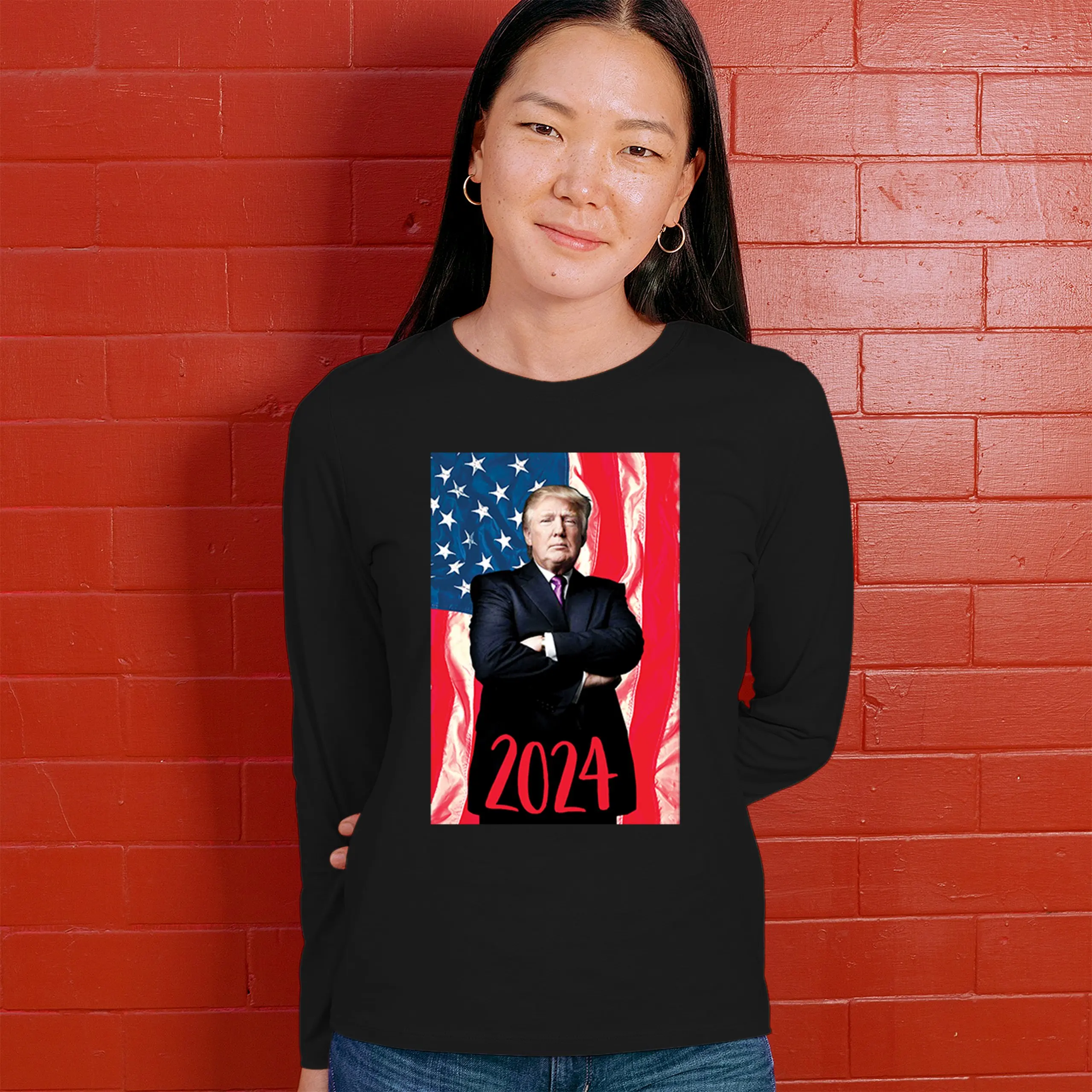 T-shirt manches longues femme, Donald Trump, American Feel Pose, Président MAGA, 2024