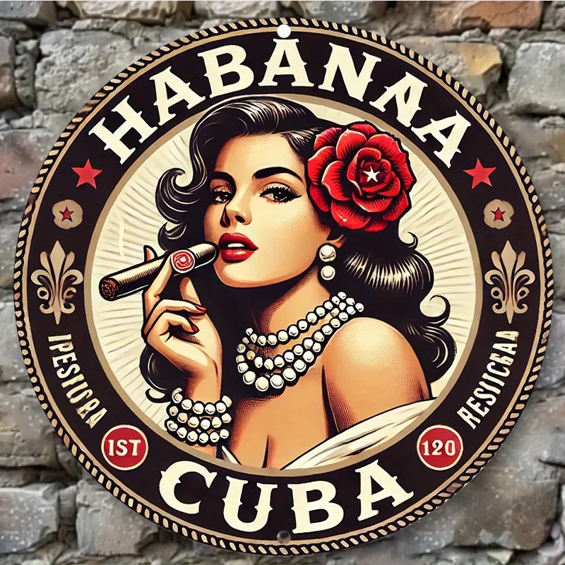 لوحة فنية جدارية معدنية مستديرة عتيقة "Havana Cigar Beauty" مسطحة ثنائية الأبعاد - لافتة قصدير ألومنيوم مقاس 8 × 8 بوصة، مناسبة للمنزل والمرآب والمقهى #6