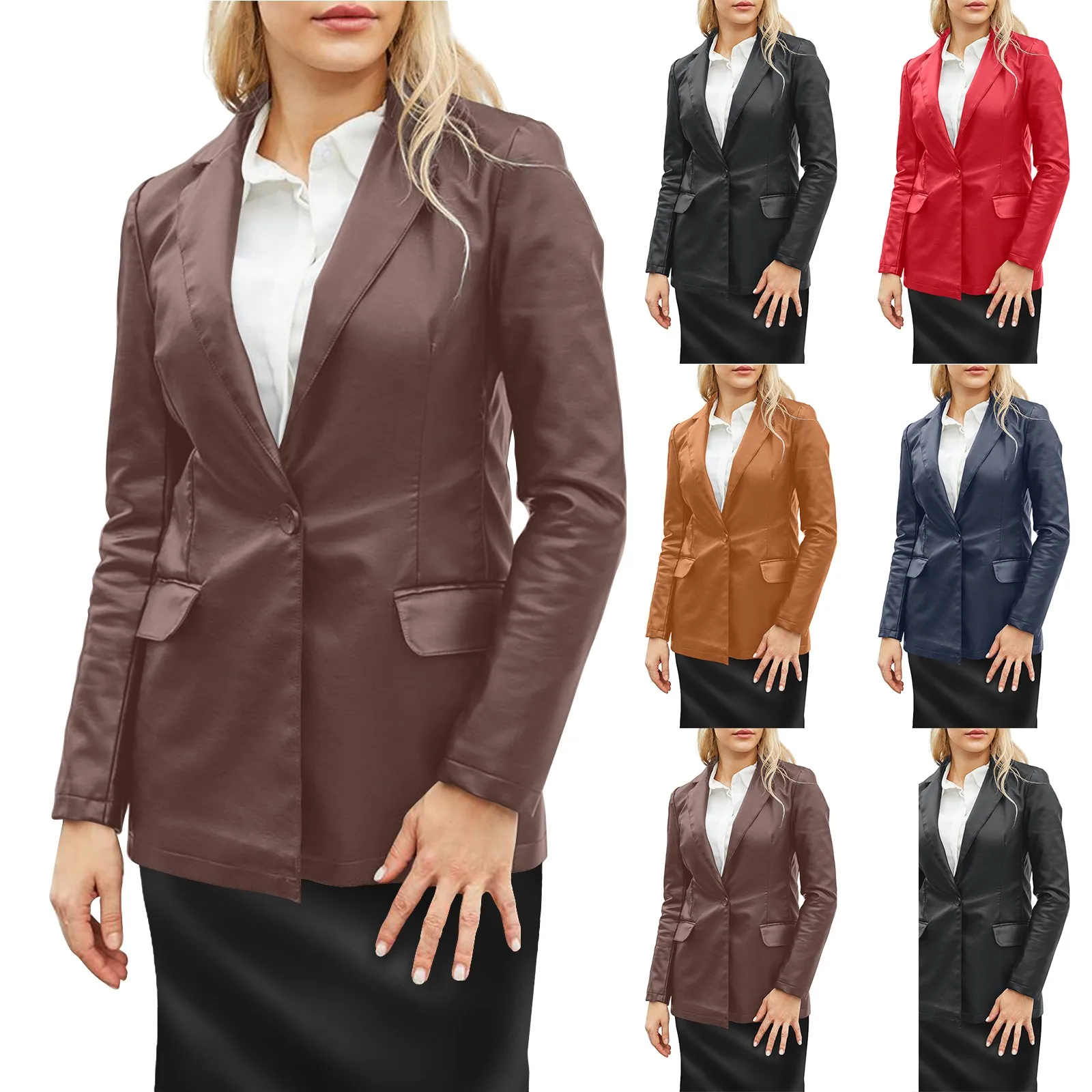 Women'S Single Buckle Leather Jackets Fashion Suit Style Faux Leather Jackets Fall Spring Daily Commuting Versatile Jackets