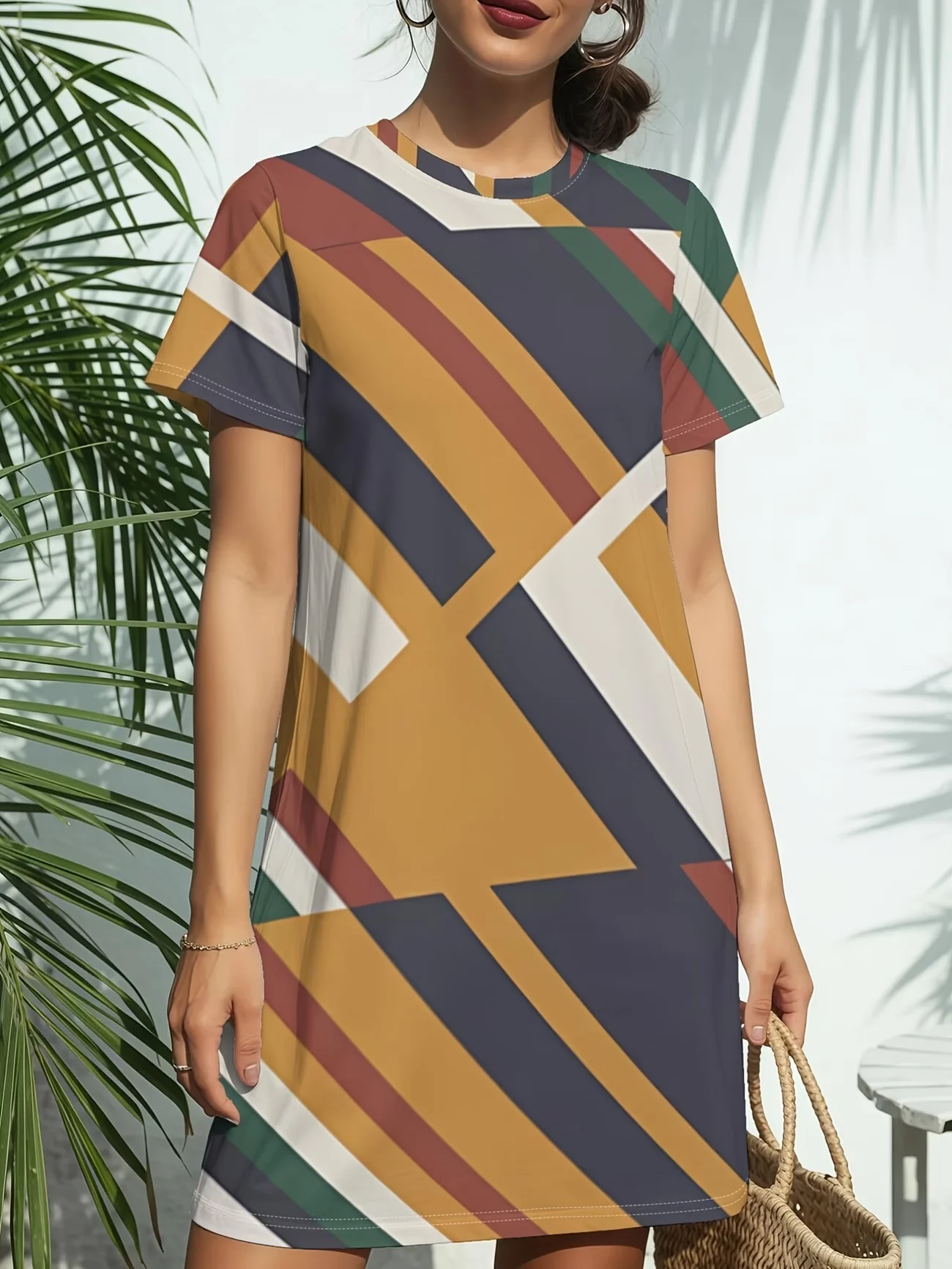 Vintage Abstract Patterns Print Women Dress Summer New Short Sleeve O-Neck Loose Casual A-Line Dress